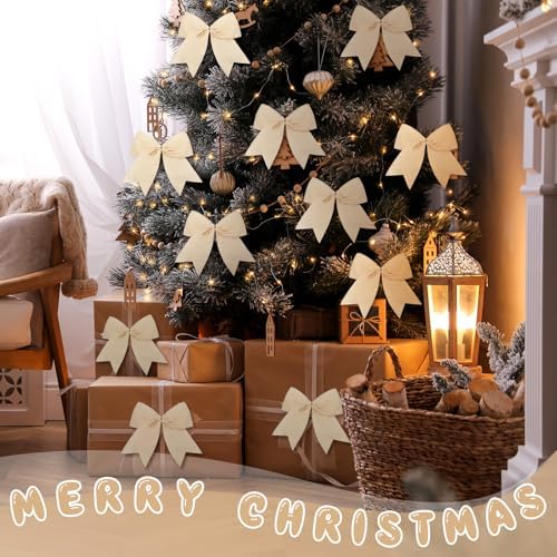 Janinka 12 Pcs 6 Inch Christmas Velvet Bows Decor for Wreath, Cream White