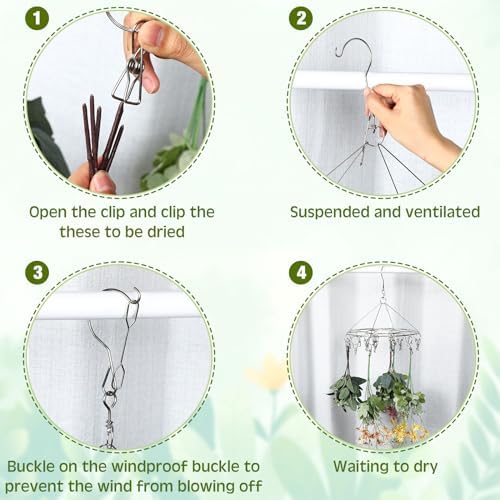 Bokon 4 Pcs Hanging Herb Drying Rack with Stainless Clips Hook, Round