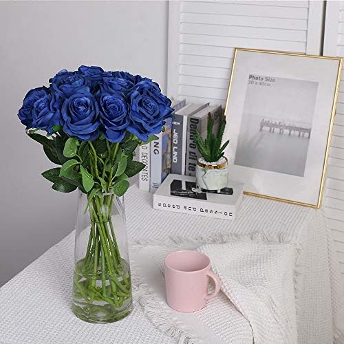 10pcs Blue Roses Artificial Flowers, Realistic Faux Rose with Long Stem