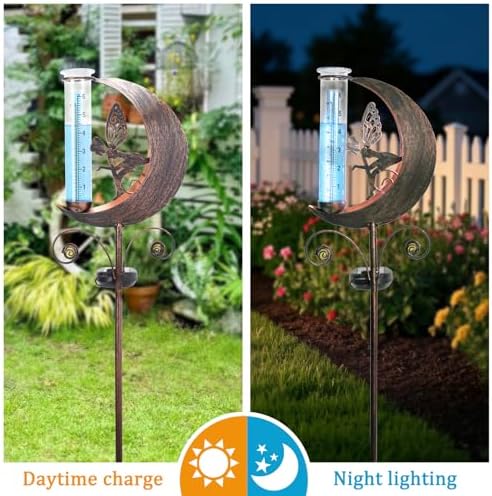 Solar Rain Gauge Outdoor, Moon Fairy Rain Gauges for Yard Patio Lawn Garden