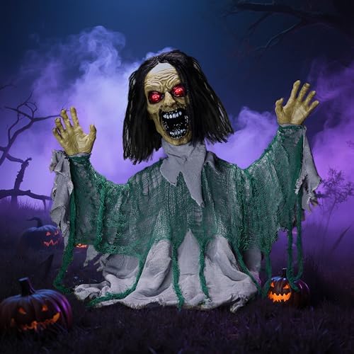 JOYIN Halloween Outdoor Animatronic Groundbreaker Decorations, Half-Body Zombie Groundbreaker with Motion and Light-Up Eyes, for Outside Decor Graveyard Yard Lawn Haunted House Props