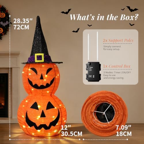 Halloween Decorations Lighted Jack‑O'‑Lantern Pumpkin with Witch Hat, Collapsible LED Light Up Pumpkin with Timer Battery Operated, Halloween Yard Porch Indoor Outdoor Garden Pathway Holiday Decor