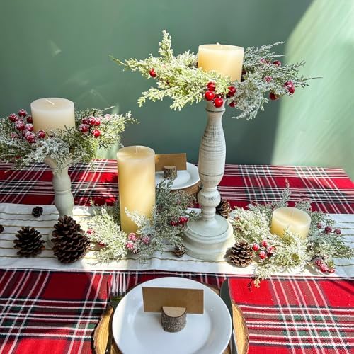 Winlyn 4 Pcs Artificial Snowy Cedar Candle Rings Red Berry Christmas Candle Holder Wreath Rings Mini Snowy Christmas Wreaths Faux Cedar Twigs Wreath 12.2” Wide for Winter Wedding Holiday Table Décor