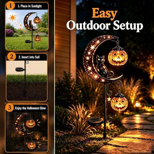 Solar Halloween Black Cat Pumpkin Moon Garden Stake Light, Halloween Lamps