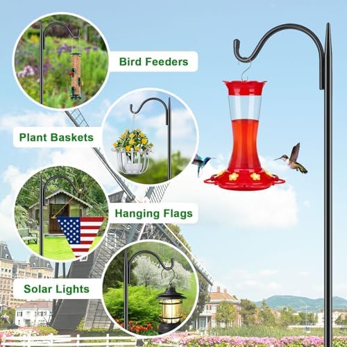 FEED GARDEN Short Shepherds Hooks for Outdoor, 48 Inch Bird Feeder Pole with 5 Prongs Base, Heavy Duty Shepherds Hook Garden Hook for Hummingbird Feeder, Hanging Lantern, Plant Baskets,1 Pack