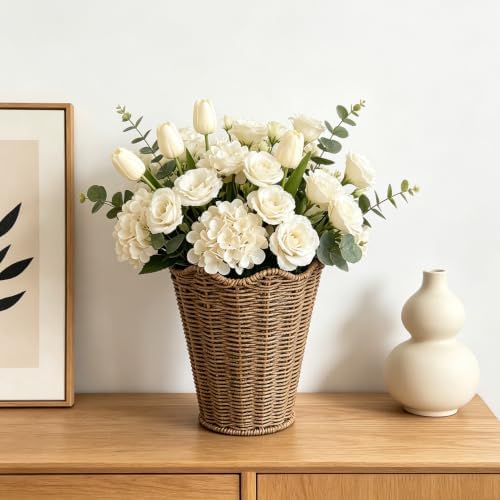 Rattan Planter, Woven Planter Basket for Plants Indoor Outdoor, Rattan Flower Pot, Decorative Plant Holder Basket for Garden Patio Boho Home Decor (Brown&with Base-8.66" H x 7.48" W)
