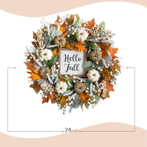 24 inch Thanksgiving Fall Wreath, Autumn Harvest Wreaths for Front Door