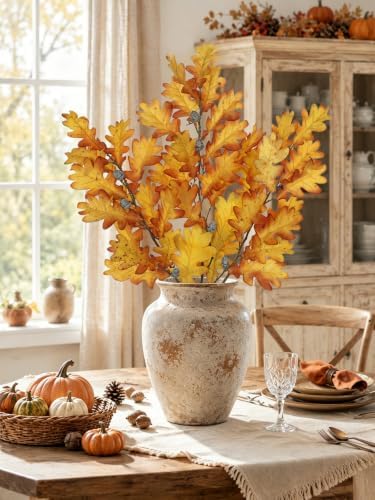 35" Long Faux Oak Leaf Stems with Acorns, 3Pcs Fall Stems for Vase Yellow