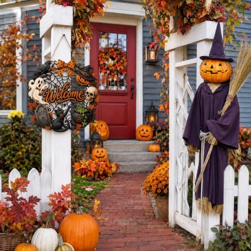 Halloween Wreath for Front Door, Wooden Welcome Sign, Black Cat and Ghost