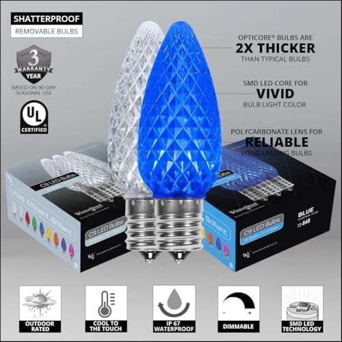 Wintergreen Lighting 50' OptiCore LED C9 Blue and White Pathway Christmas Lights, Heavy Duty Bulbs for Driveway, Walkway Marker, 5" Commercial PathPRO Stakes, 18 Gauge Green Wire