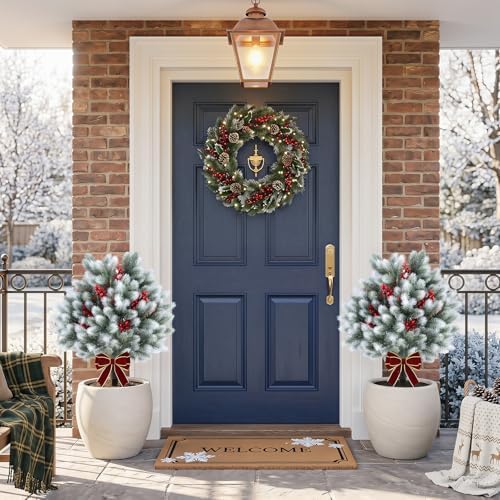 Goplus Artificial Cedar Topiary Ball Trees Set of 2, 27.5" Faux Pine Needle Bushes with Ground Spikes, Sun-Resistant Indoor Outdoor Fake Shrub Plants for Front Porch, Patio, Yard Winter Decor