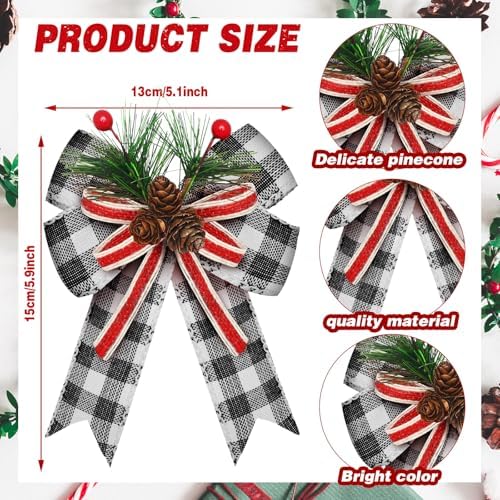 Moucuny 6 Pcs Christmas Burlap Bows Black White Buffalo Plaid 5 x 6 Inch