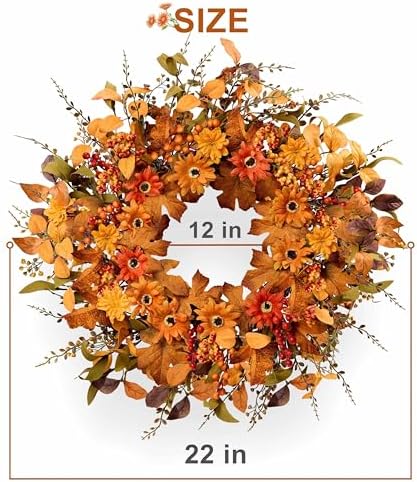 Artificial Fall Wreath 22 Inch Fall Wreaths for Front Door with Orange Berries Daisies Eucalyptus Leaves Autumn Door Wreaths for Thanksgiving Harvest Festival Wall Porch Farmhouse