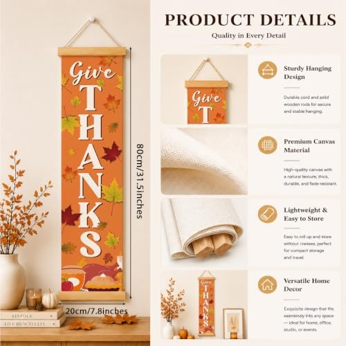 Thanksgiving Door Banner, Give Thanks Canvas Wall Banner for Entryway