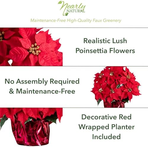 Nearly Natural 19 in Artificial Lush Red Poinsettia in Wrapped Planter