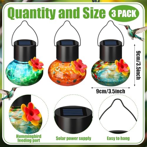 Nuogo 3 Pcs Blown Glass Hummingbird Feeder Gift Solar LED, Color A, Classic