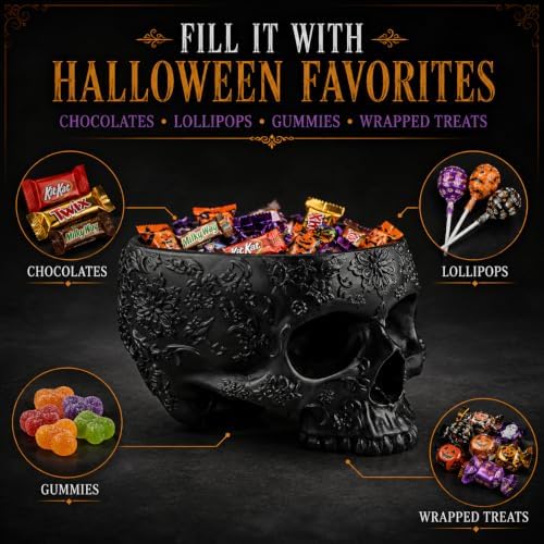 Halloween Skull Trick Or Treat Bowl Black Skeleton Planter Gothic Candy Pot
