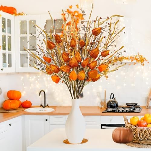6Pcs Artificial Berry Stems 28" with Fall Flowers,Home Decor Orange