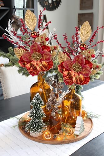Briful 2PCS Christmas Glitter Magnolia Flowers Picks and Spray with Christmas Balls Ornament Red Berries Gold Leaves Branches for Xmas Tree Wreath Vase Floral Arrangement (Red Gold)