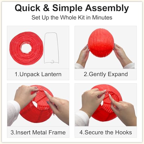 Red Paper Lanterns, 12Pcs 6-10 Inch Round Hanging Party Decorations