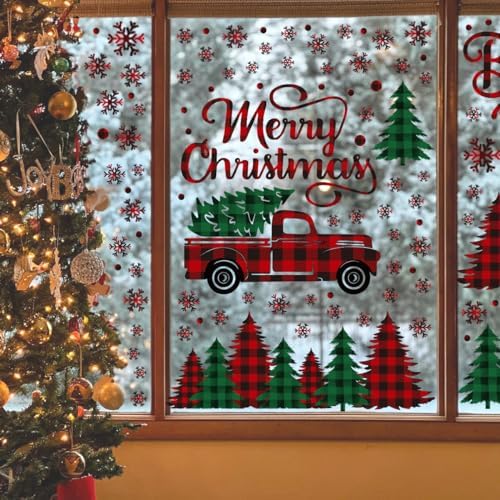 Horaldaily 226 PCS Christmas Window Cling Sticker, Red Green Trees Snow Truck for Home Party Supplies Shop Window Glass Display Decoration
