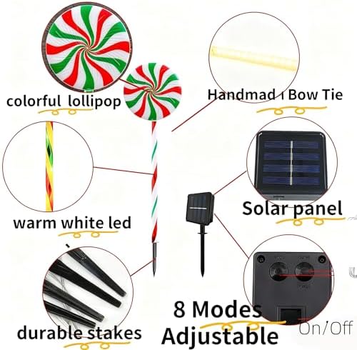Christmas Solar Lollipop Pathway Lights 5 Pack Outdoor Candy Cane Stake Light with Bow Waterproof Walkway Xmas Outsides Garden Yard Lighting Landscape Decorative Decoration