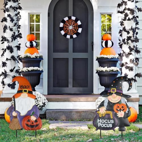 hogardeck Halloween Decorations Outdoor, Metal Gnomes Decorative Garden Stakes with Pumpkins Halloween Decorations Outside, Hocus Poucs Yard Signs for Garden Lawn Patio Halloween Decor