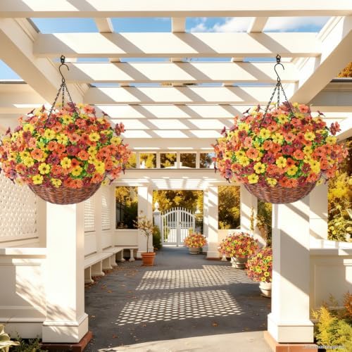 Yastouay 24 Bundles Fake Mums Fall Hanging Basket for Outdoor Decorations
