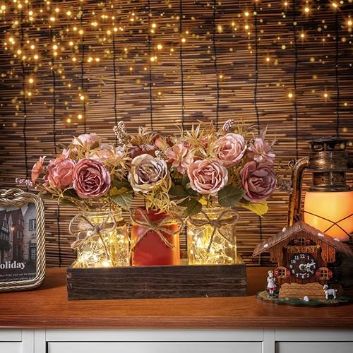 LUEUR Mason Jar Centerpiece with Artificial Fall Rose Flowers