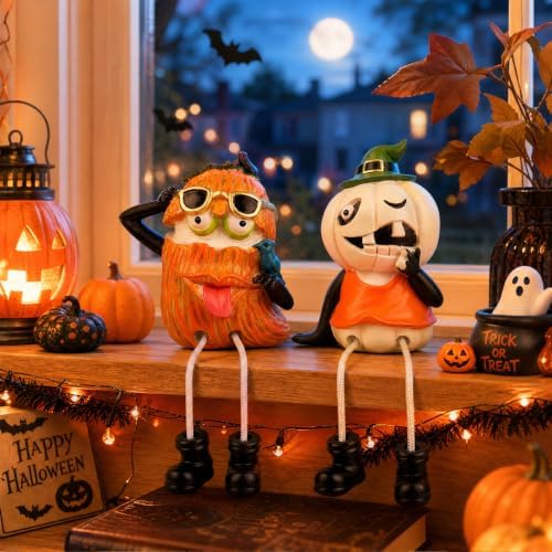 XJar Set of 2 Shelf Sitter Figurine, Halloween Pumpkins with Dangling Legs