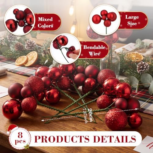 Daifunli 8 Pcs Burgundy Christmas Tree Picks 7.87 Inch Christmas Balls Ornaments Xmas Hanging Decorations for Xmas Tree Topper DIY Wreath Holiday Floral Vase Fillers Crafts Home Decor