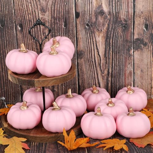 FOIMAS 12pcs Pink Artificial Pumpkins,Small Faux Pumpkins Lifelike Foam Pumpkin for Fall Halloween Thanksgiving Home Decoration Harvest Decor