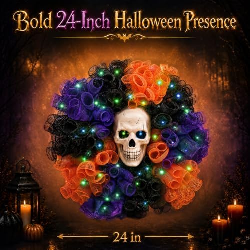 24 in Halloween Wreath with Skull and Color-Changing Lights