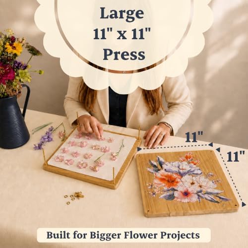 Large Flower Press Kit for Adults, 11" x 11" Square Wooden Press, 5 Layers