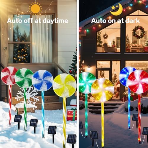 4PCS Lollipop Peppermint Solar Candy Cane Lights Outdoor - Christmas Solar Pathway Lights Christmas Lollipop Decorations 8 Modes Candy Cane Pathway Light for Outside Yard Walkway