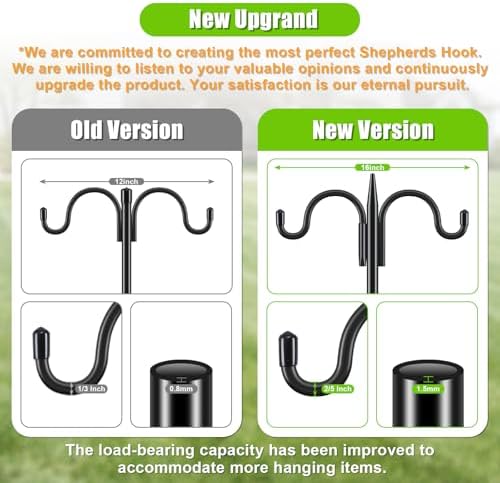 Gtongoko Bird Feeder Pole for Outdoors Heavy Duty, 2 Pack 77 Inch Double Shepherds Hook with 5-Prong Stable Base, 3/4 Inch Thick Hummingbird Feeder Stand for Hanging Plants, Lanterns