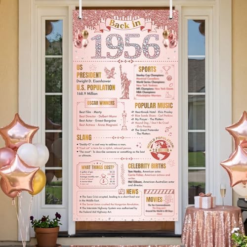 70th Birthday Decorations for Women, Rose Gold Back in 1956 Door Cover Decor, Seventy 70 Years Old Bday Large Front Door Cover Sign Backdrop Banner Supplies Decor, 3x6 Ft