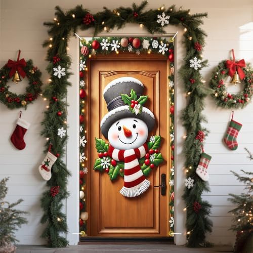 Snowman Face Door Hanger 35x71in Top Hat Holly Pine Frame