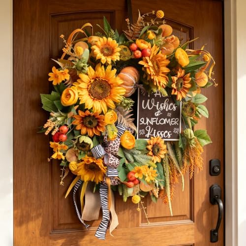 Fall Wreaths for Front Door 24 Inch, Autumn Harvest Wreath with Sunflower