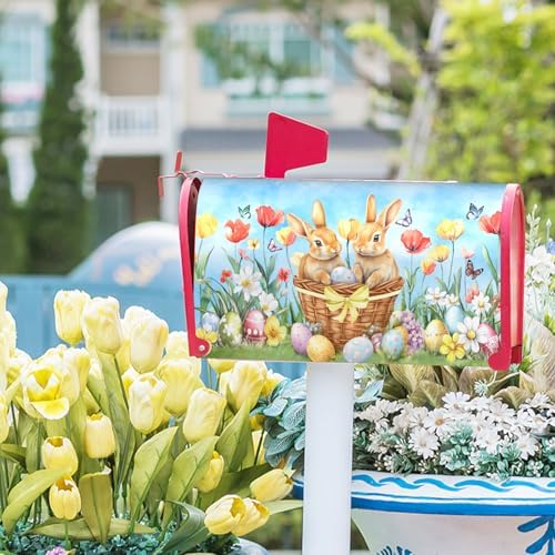 Easter Cute Bunny Eggs Mailbox Cover Magnetic Large Size 25.5 x21 Inch Easter Bunnies Flowers Mailbox Decoration Spring Holiday Mailbox Wraps Post Letter Box Cover for Home Outside Garden Yard Decor