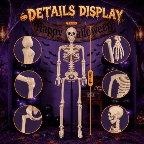 Abakuku 36" Halloween Skeleton Decorations,Human Bones for Halloween Party with Movable Joints,for Haunted Houses, Front Lawn, Graveyard Props