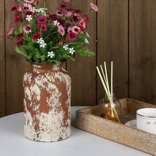 Shabby Chic Classy Designed White Milk Can Galvanized Finish Metal Vase Country Rustic Primitive Decorative Flower Holder for Home Office Garden, 7.87" H (Reddish-Brown)
