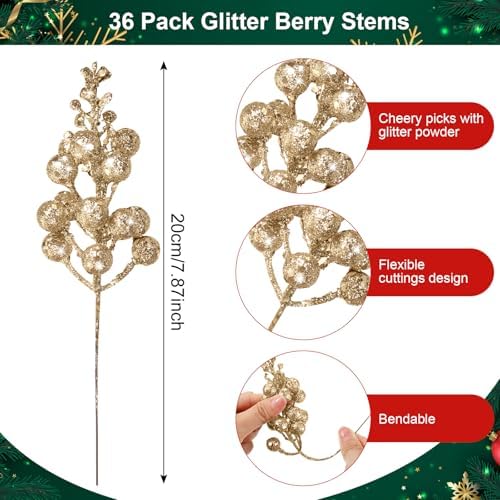 Geosar 36 Pcs Christmas Glittered Berries Stems, Champagne