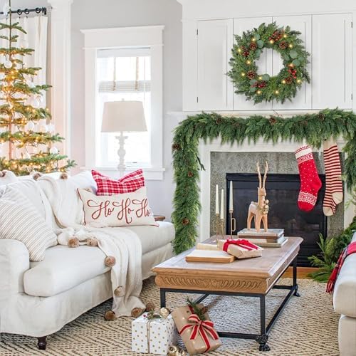 Christmas Wreath with Lights 24 Inch Real Touch Pine Wreath with Red Berries/Pine Cone Prelit Christmas Wreaths for Front Door Outdoor Christmas Decorations Winter Wreath for Windows Indoor Holiday