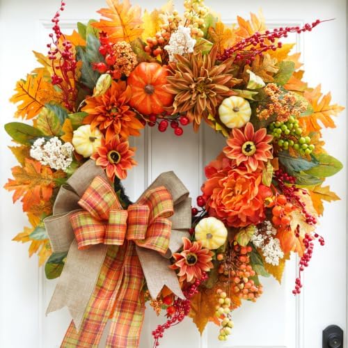 Fall Wreaths for Front Door 24", Fall Door Wreath with Plaid Bow & Dahlias