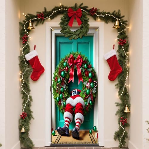 Funny Stuck Santa Legs Christmas Pine Ring Door Cover 35x71in