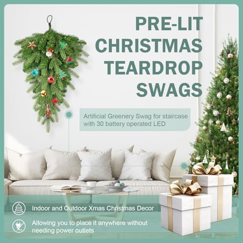 Pre-Lit Christmas Teardrop Swag, 24" Door Swag with 30 LED
