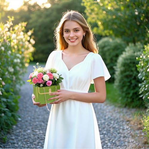 baotongle 6pcs Flower Paper Gift Box Bouquet Storage Bucket Handbag with Metal Chain Flower Boxes for Arrangements Wedding Mother's Day Birthday Bridal Shower (Green)
