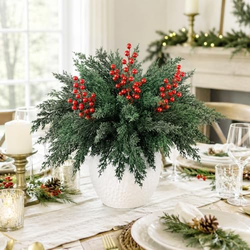 Watayo 10 Pcs 16.5" Christmas Artificial Pine Branches with Red Berry Stems