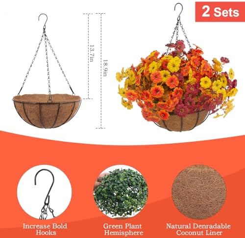 Hananona 2 Set Artificial Outdoor Fall Flowers with Hanging Basket, 2 Packs Hanging Planters with 24 Pcs Faux Fall Mums for Autumn Front Porch Garden Patio Home Decor (2, Orange,Yellow,Burgundy)